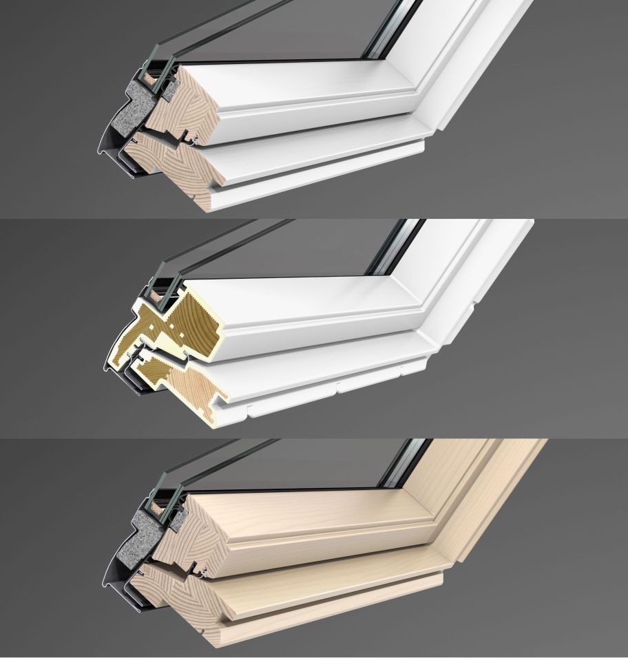 Drei verschiedene VELUX Dachfensterrahmen: weiß lackiert, weißes Polyurethan und Kiefer.