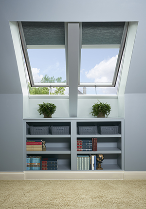 Book shelf under VELUX skylights with blinds