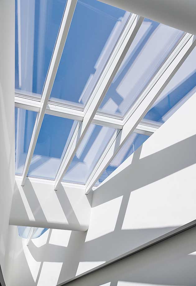 Lichtstraatoplossing met Atrium Lessenaarsdak 5-30˚ en Atrium Zadeldak met ondersteunende ligger 5˚, DZNE, Bonn, Duitsland